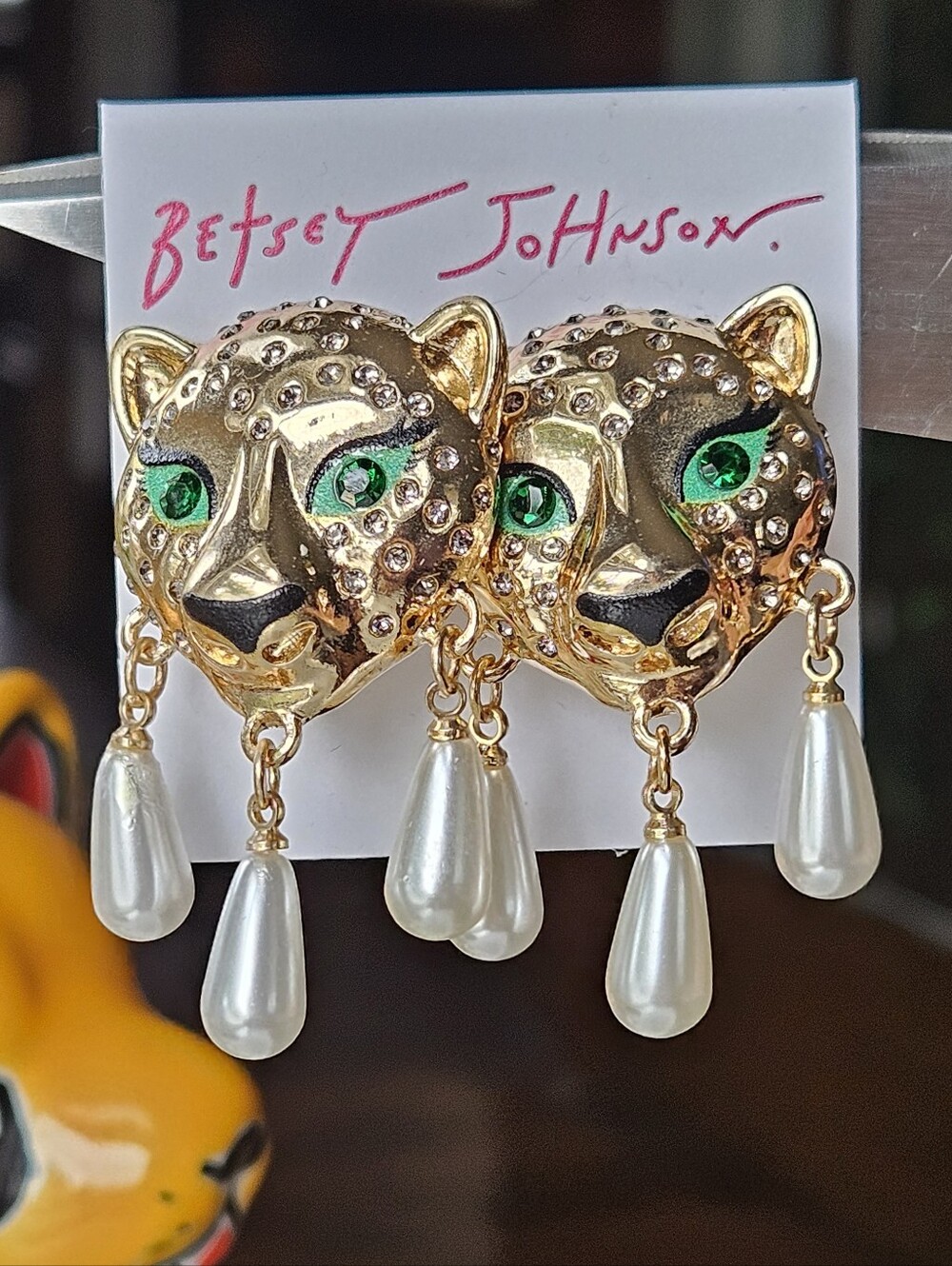 Betsey Johnson Gold Leopard Head Drop Earrings with Green Eyes and Pearl Dangles